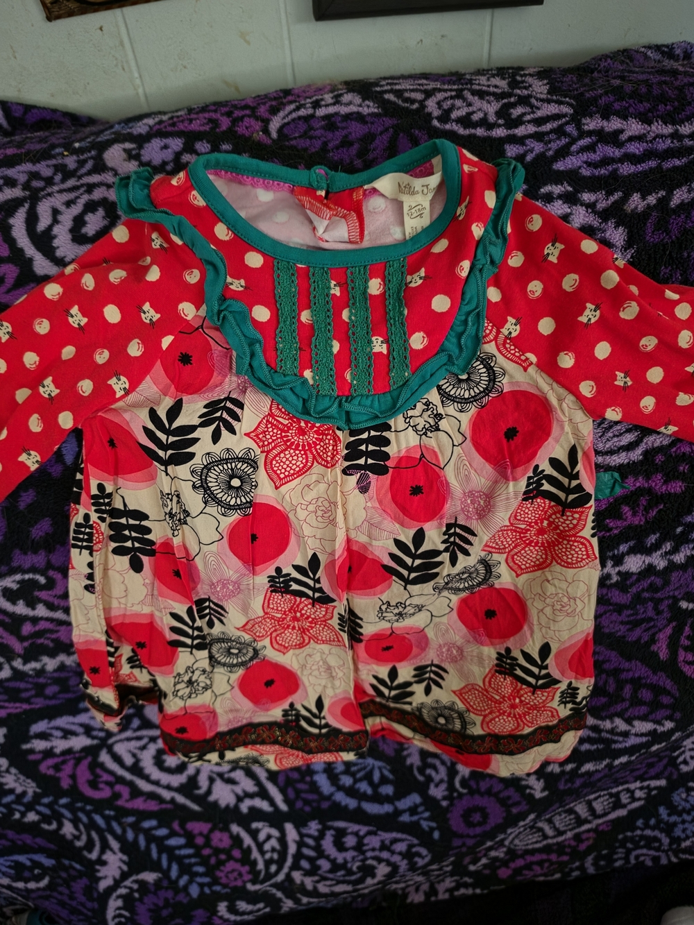 Matilda Jane Red, Cream & Teal Floral Ruffle-Trim Top